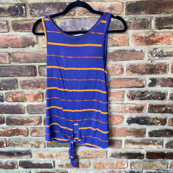 Audrey 3+1 Blue Orange Striped Tie Waist Sleeveless Tank Top Women's Size Small - Picture 1 of 6